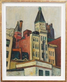 Vintage American School Modernist Framed Cityscape Oil Painting