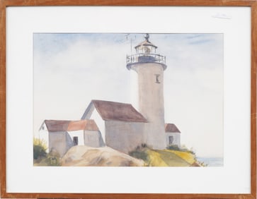 Vintage American Modernist Maine Lighthouse Seascape Framed Watercolor Painting