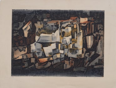 Marcel Fiorini (1922-2008) Vintage Modernist Abstract Etching "Taormina" Italian City Scape