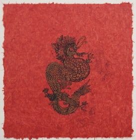 Vintage American Modernist Pastel Asian Dragon Painting by Robert Tucker