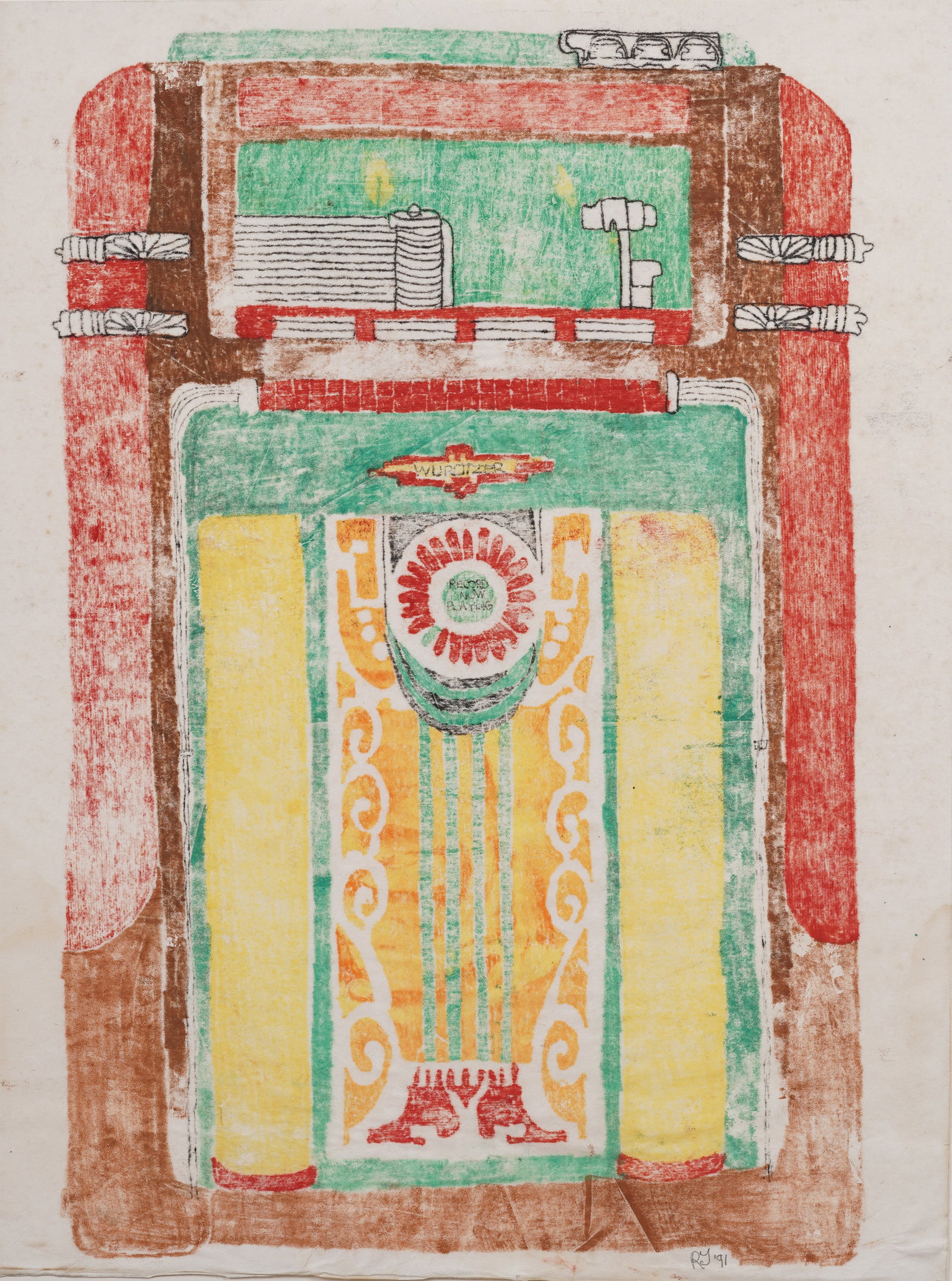 Vintage American Modernist Lithograph Of Jukebox by Robert Tucker: Vintage American print. Ink on paper. Measuring: 25 by 16 inches overall. Please see all images for condition. Size is measured and written on the back of the painting or next to each object. The firs
