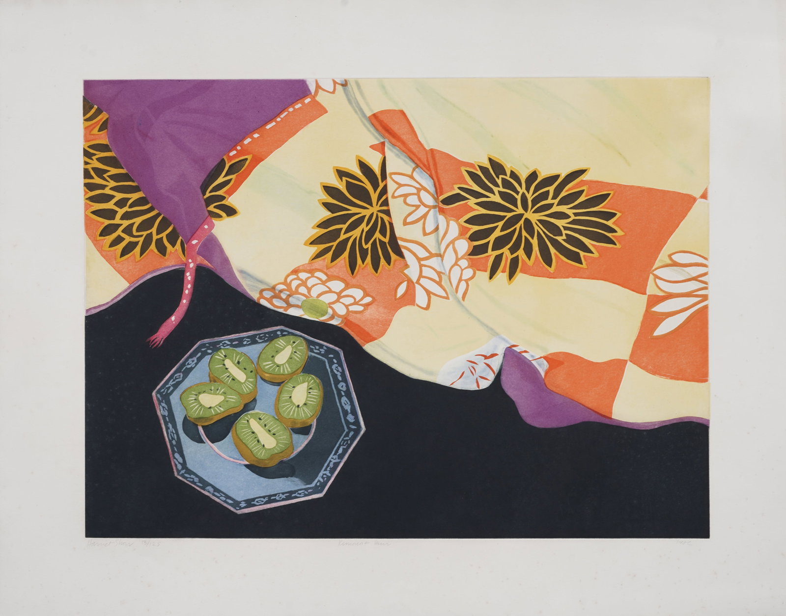 "Kimono & Kiwi" American Modernist Print by Harriet Shorr (1939–2016): Vintage American print. Measuring: 31 by 39 inches overall, and 22 by 30 painting alone. Please see all images for condition. Size is measured and written on the back of the painting or next to each o