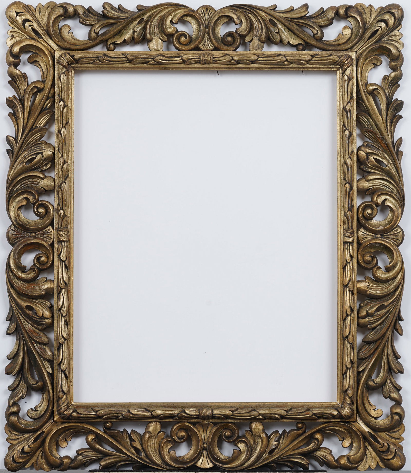 Large Antique European Fancy Giltwood Oil Painting Frame: Antique European oil painting frame. The sizes are written verso. The first size is the overall, then rabbet and finally sight size. Please see all images for condition. Size is measured and written o
