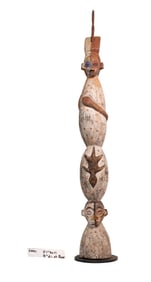 Tall Painted Tribal Carved Figure Totem with Three Faces and Symbolic Motifs on Round Base