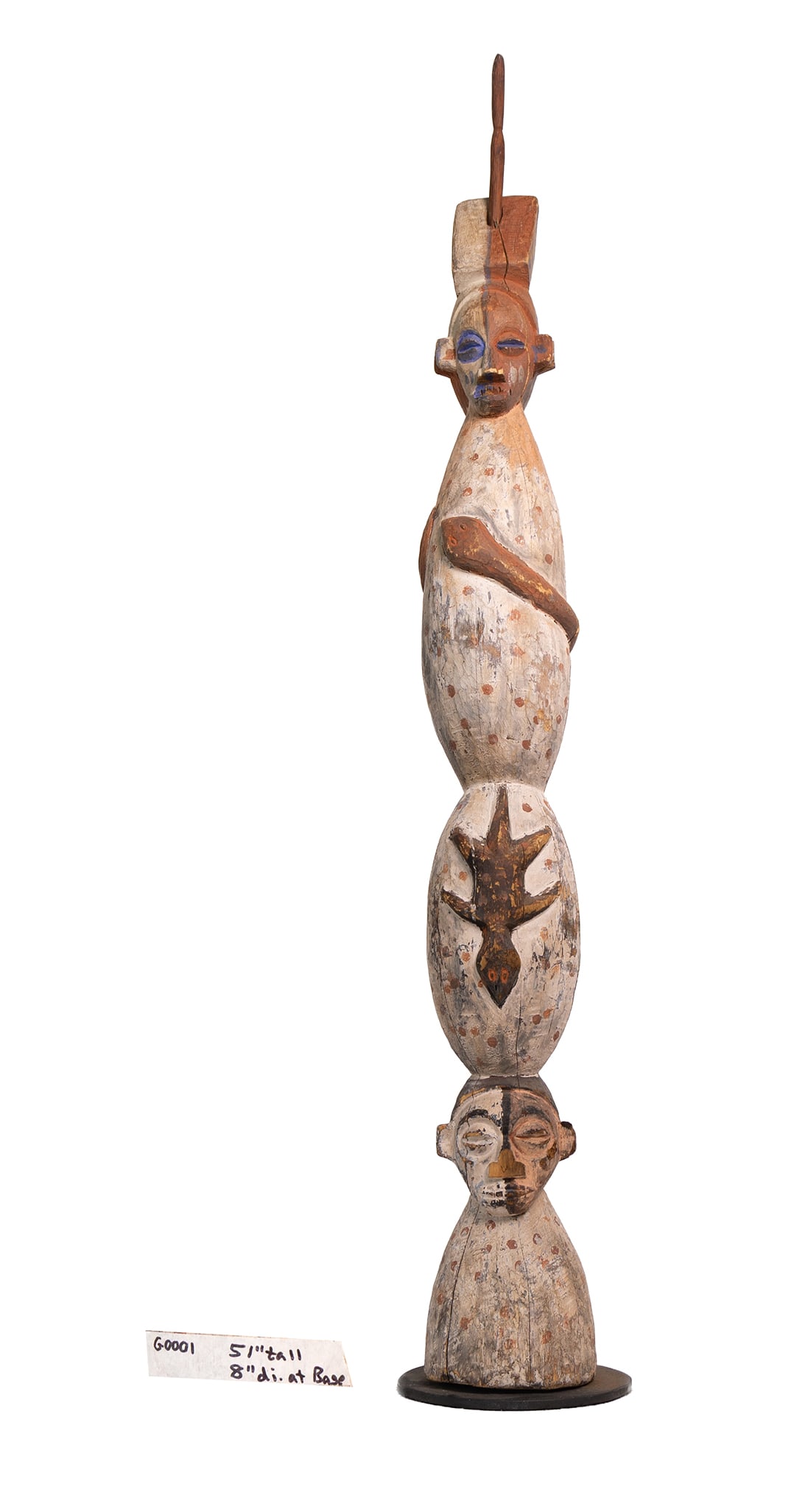 Tall Painted Tribal Carved Figure Totem with Three Faces and Symbolic Motifs on Round Base (1 of 7)