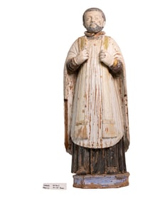 Antique Polychrome Carved Saint Figure with Weathered Gesso and Heavy Rectangular Base