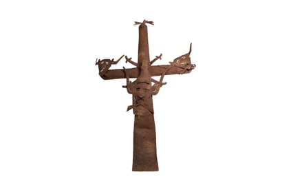 Large Folk Art Cut-Metal Cross Sculpture with Faces and Creatures in Textured Rusted Finish