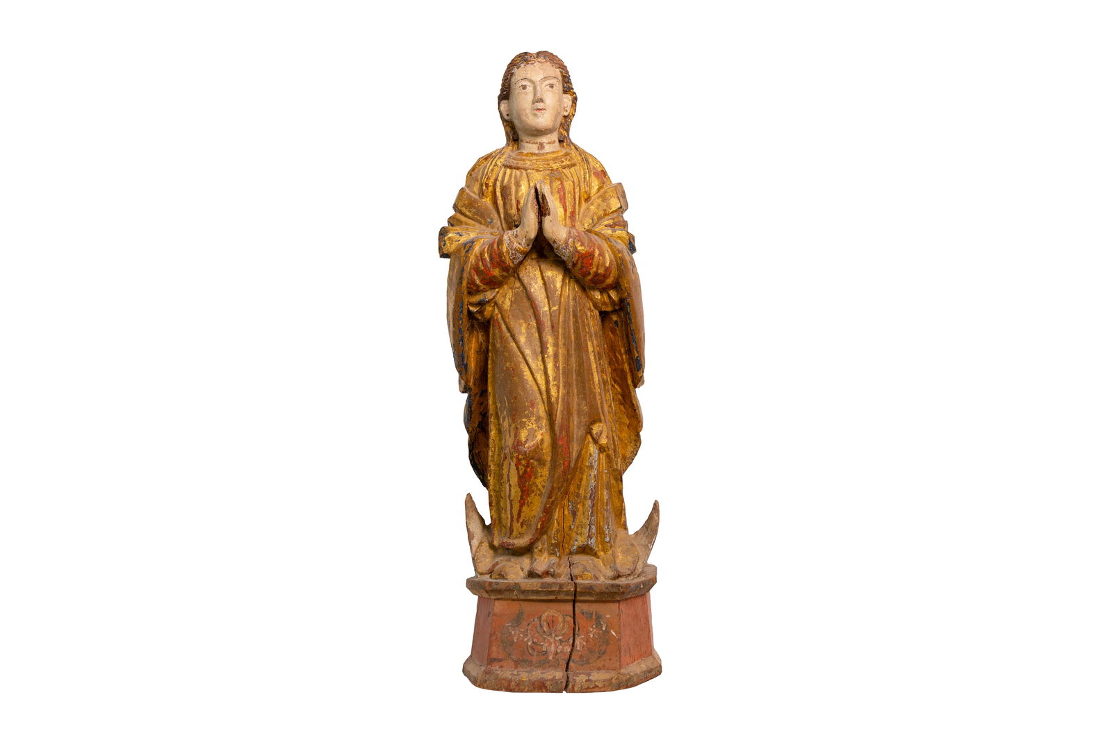 Antique Carved and Gilded Religious Praying Figure with Polychrome Surface on Round Base (1 of 6)