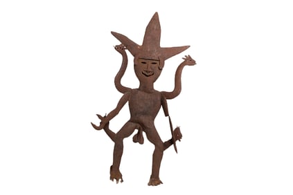 Folk Art Cut-Metal Multi-Armed Devil Figure with Snake Motifs and Weathered Rusted Surface