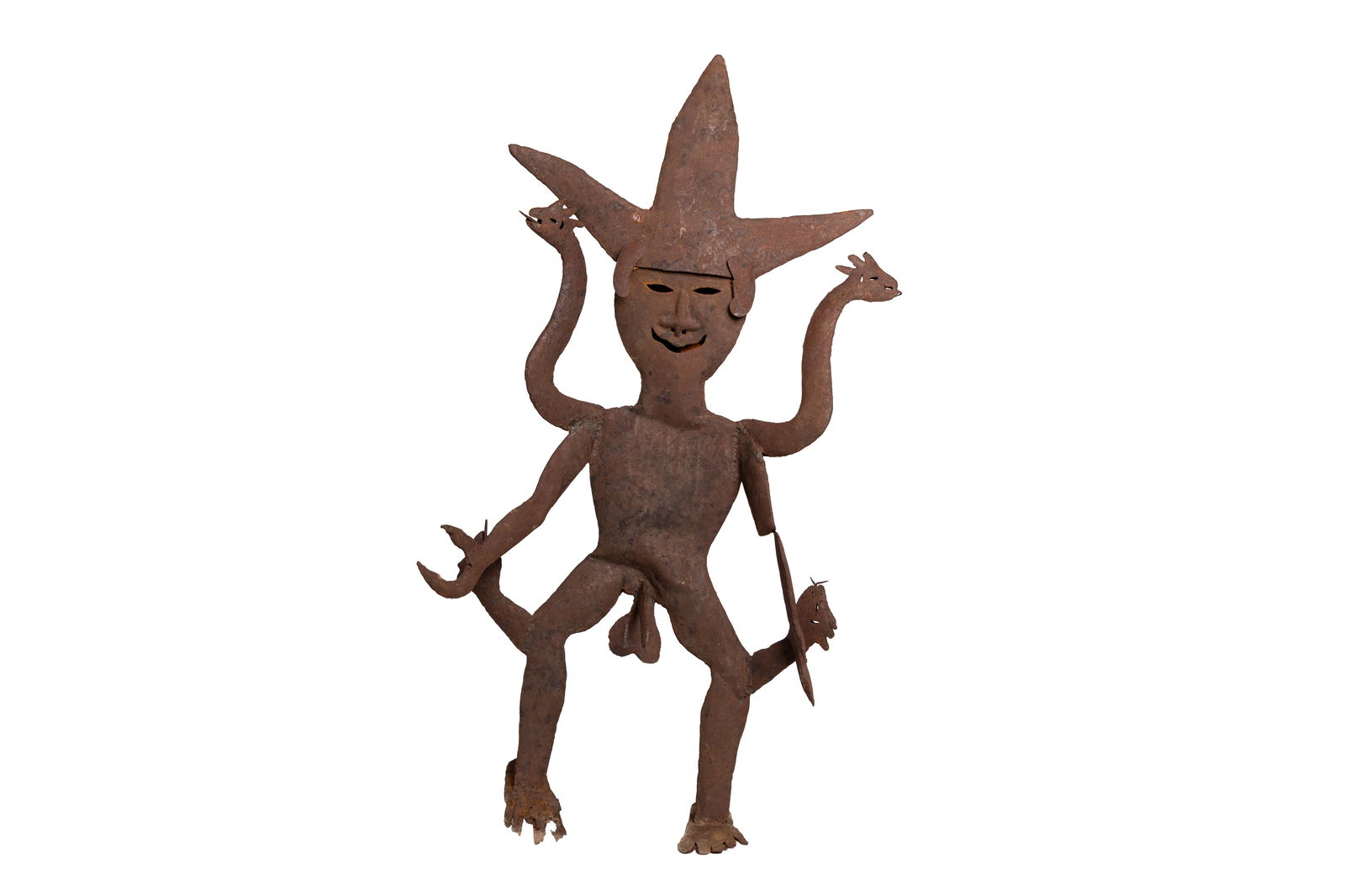 Folk Art Cut-Metal Multi-Armed Devil Figure with Snake Motifs and Weathered Rusted Surface (1 of 5)