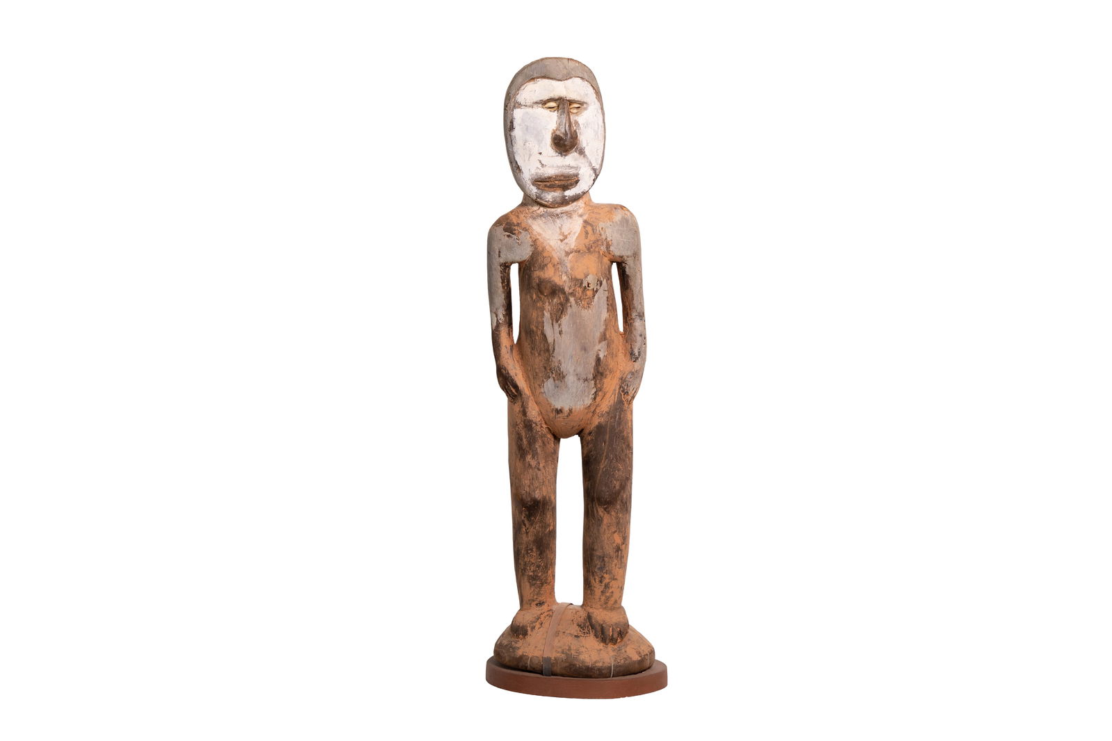 Primitive Carved Standing Tribal Figure with White Mask Face and Painted Surface on Base (1 of 7)