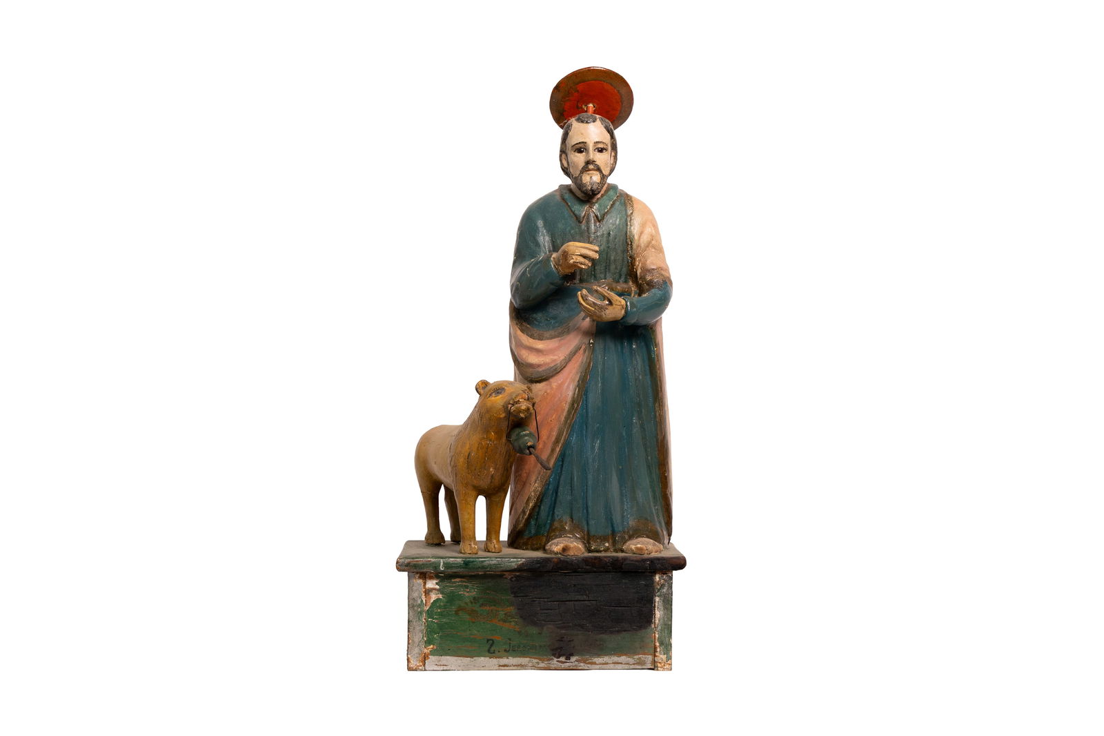 Carved Saint Roch and Lion Folk Art Figure with Painted Robes on Rectangular Polychrome Base (1 of 5)