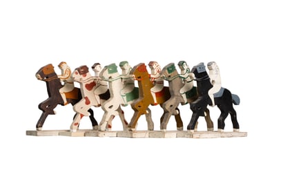 Folk Art Wooden Racing Horses Row with 6 Riders