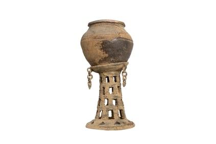 Small Antique Earthenware Vessel on Pierced Stand