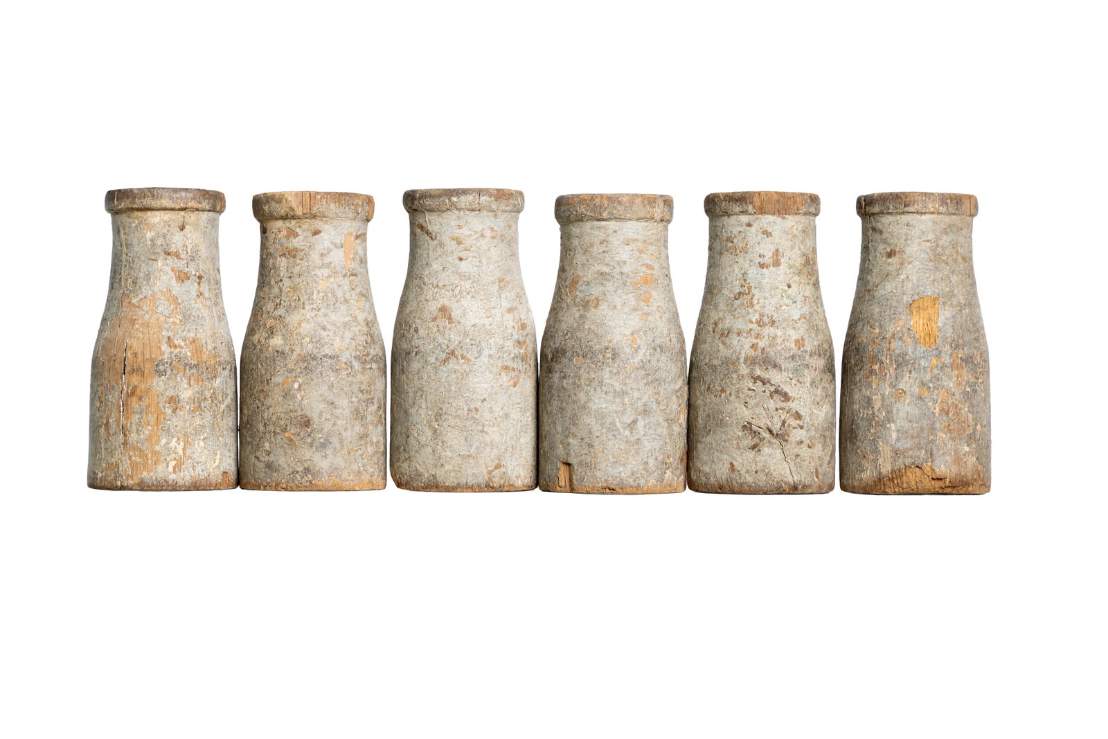 Set of Six Antique Wooden Skittles Pins: Group of six weathered wooden skittles pins. Each approx. 7.25" tall and 3.5" max diameter.Please see all images for condition. Size is measured and written on the back of the painting or next to each