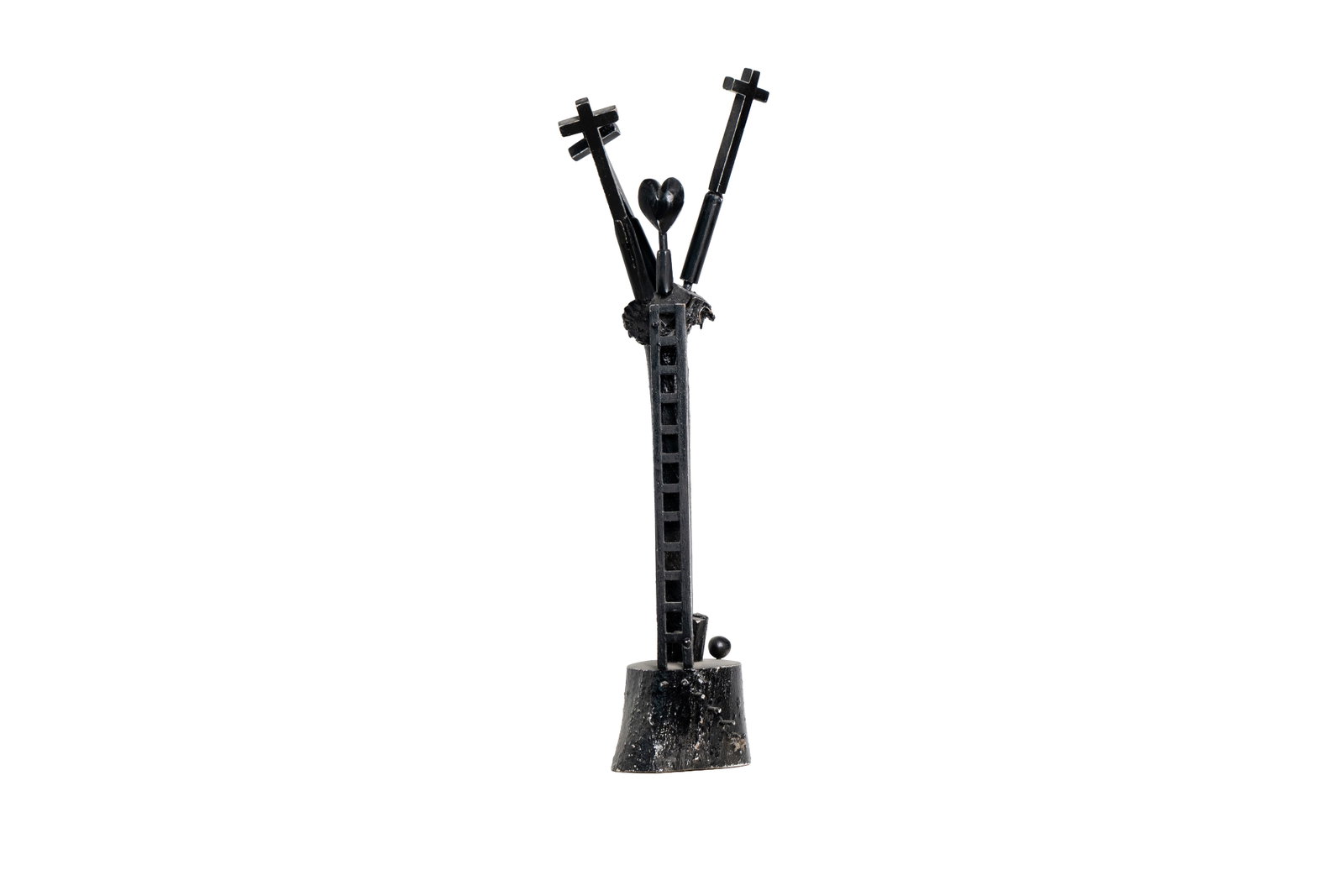 Black Painted Folk Art Cross & Heart Assemblage: Vertical folk assemblage with carved crosses and heart form on a textured black base. Approx. 18" tall and 7" max diameter.Please see all images for condition. Size is measured and written on the back