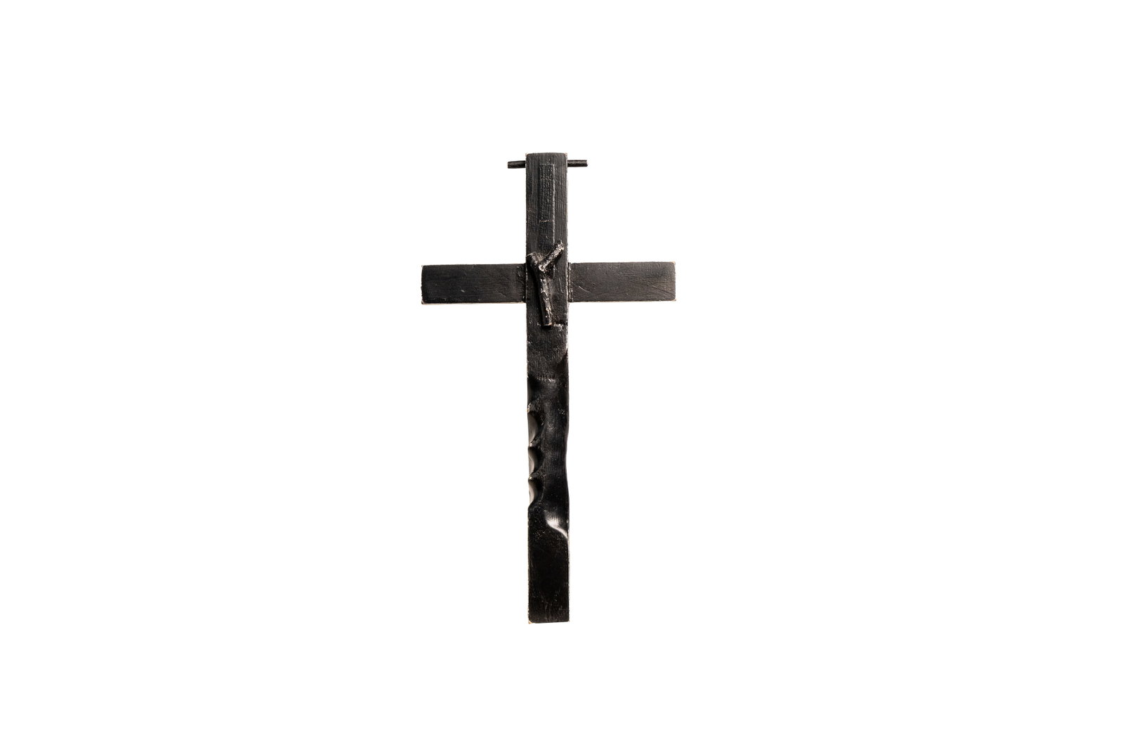 Black Painted Folk Art Cross with Carved Branch Motif: Vertical folk cross with carved branch detail and textured black paint. Approx. 12.5" long, 6.75" wide, and 1.25" deep.Size is measured and written on the back of the painting or next to each object. 