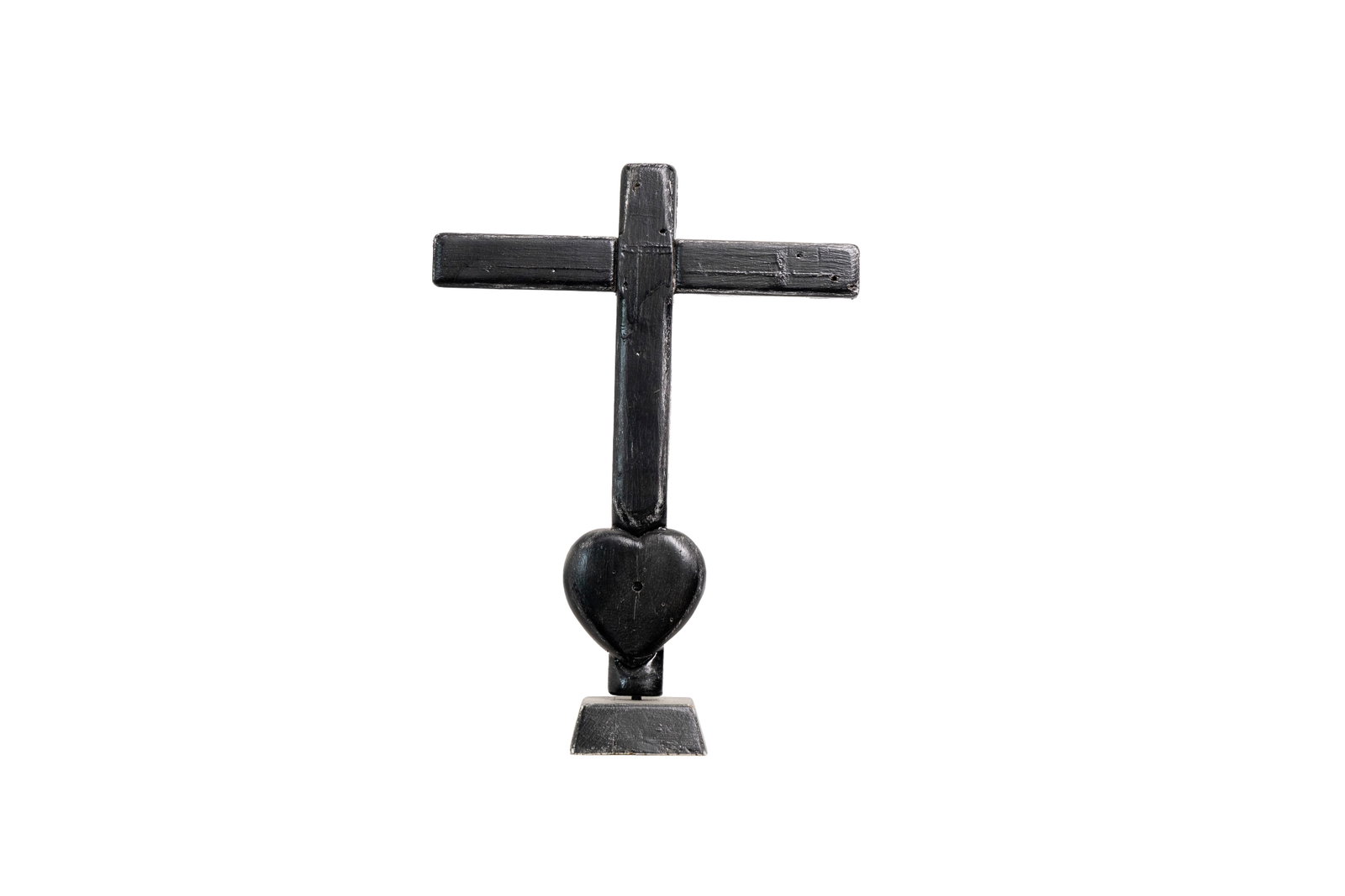 Folk Art Black Painted Heart Cross: Handmade wooden cross with central carved heart motif and black painted surface.Size is measured and written on the back of the painting or next to each object. The first size is the overall size, the