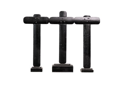 Primitive Folk Art Black-Painted Three Crosses Wooden Sculpture