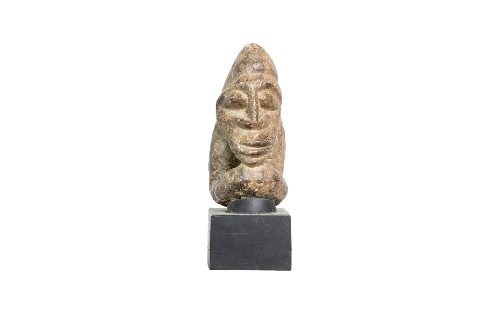 Stone Carved Figure: Primitive hand-carved stone figure mounted on a small base with weathered surface. Measuring: 9" tall x 3.25" wide x 4" deep.Size is measured and written on the back of the painting or next to each ob