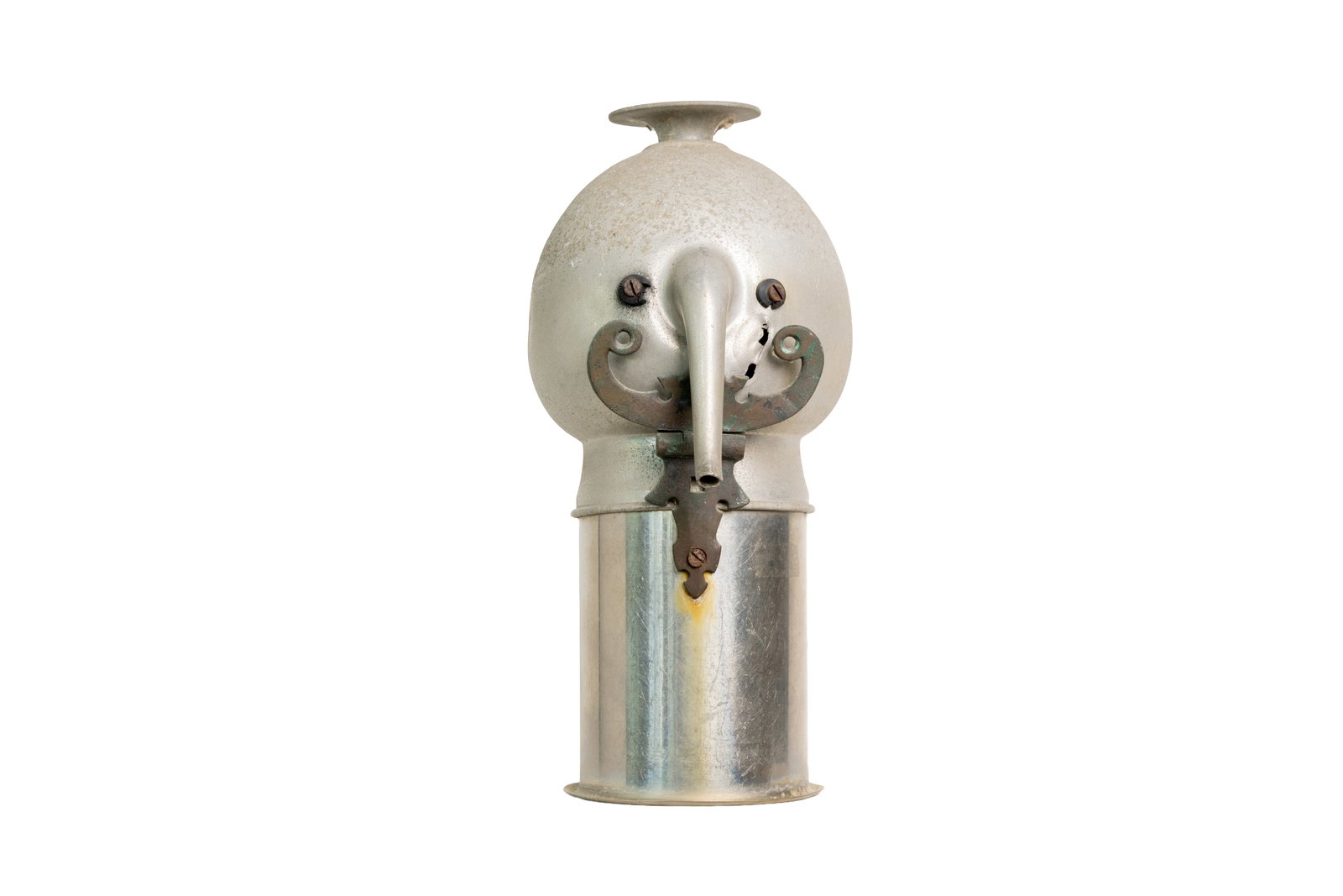Metal Vessel Sculpture with Spout and Decorative Platework: Sculptural metal vessel composed of stacked forms with an extended spout and applied ornamental platework. Measuring: 14" tall x 9" wide x 9" deep.Size is measured and written on the back of the paint