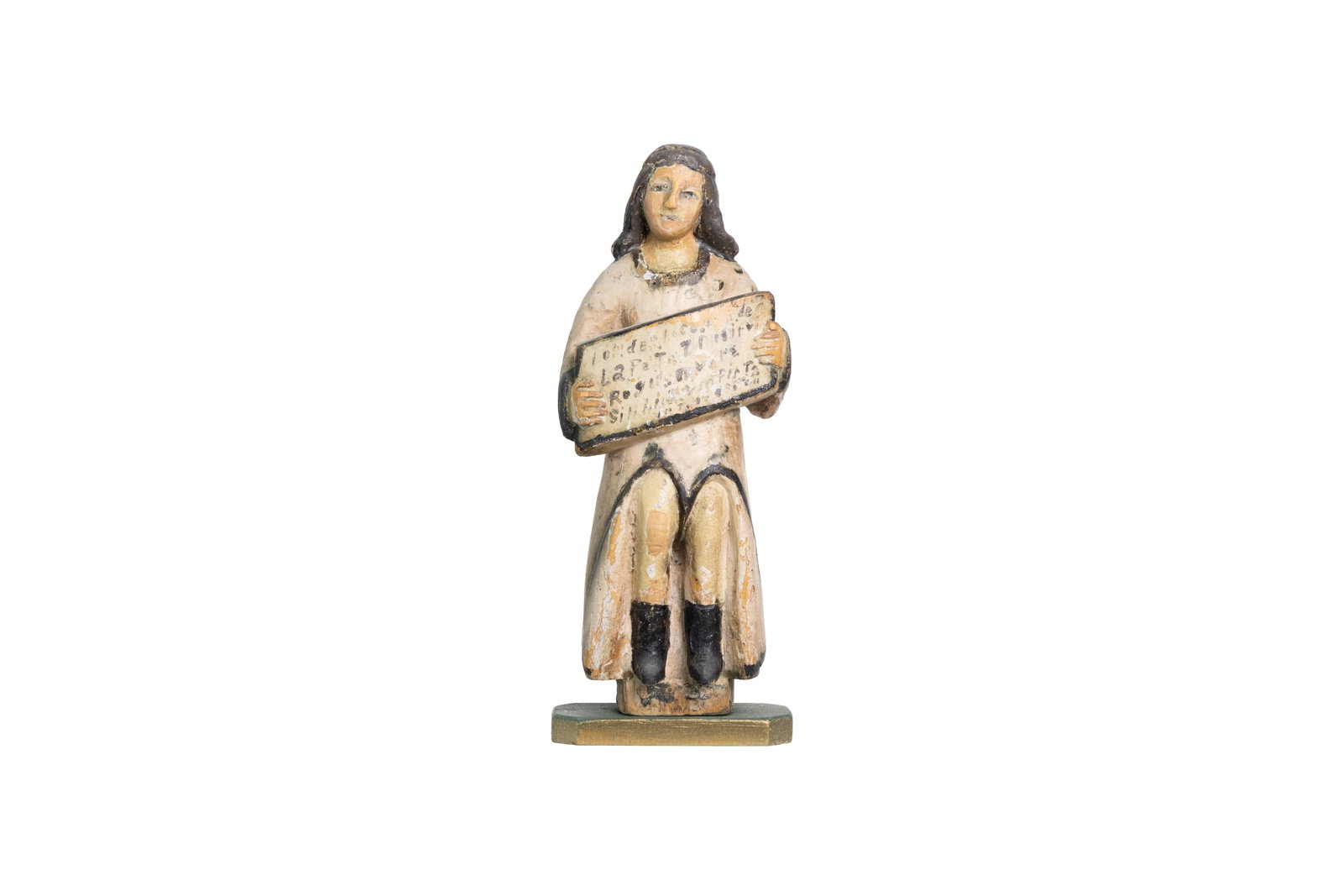 Painted Folk Art Figure Holding Inscribed Tablet: Seated carved figure holding an inscribed plaque, with original painted surface; two-piece construction.Size is measured and written on the back of the painting or next to each object. Measuring: 7.75