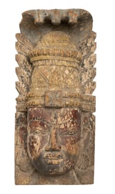 Carved Polychrome Wooden Architectural Head Fragment
