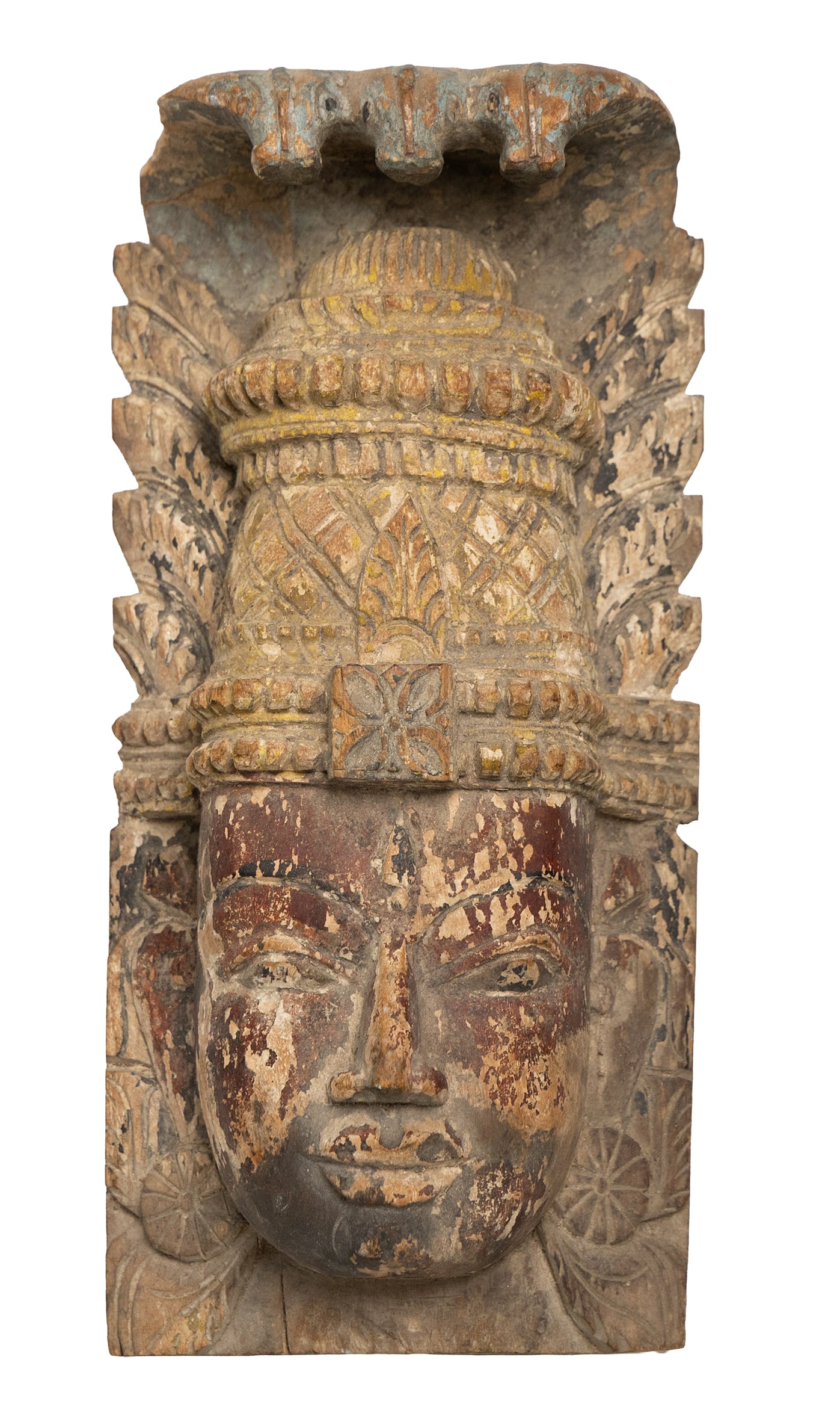 Carved Polychrome Wooden Architectural Head Fragment: Crowned carved head fragment with layered polychrome paint and decorative relief carving. Measuring: 12.5" tall x 6" wide x 5" deep. Size is measured and written on the back of the painting or next to