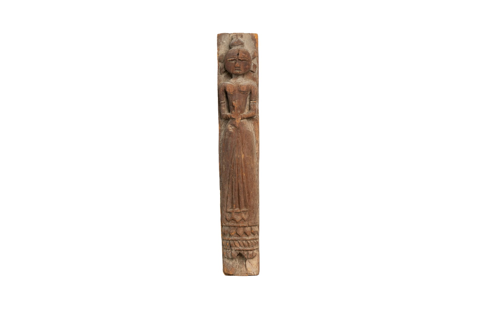 Primitive Hand-Carved Wooden Female Figure Panel: Early hand-carved wooden relief depicting a standing female figure with stylized facial features and long robe. Beautiful age, surface, and patina. Measuring 16" tall x 3" wide x 3.5" deep. Size is me