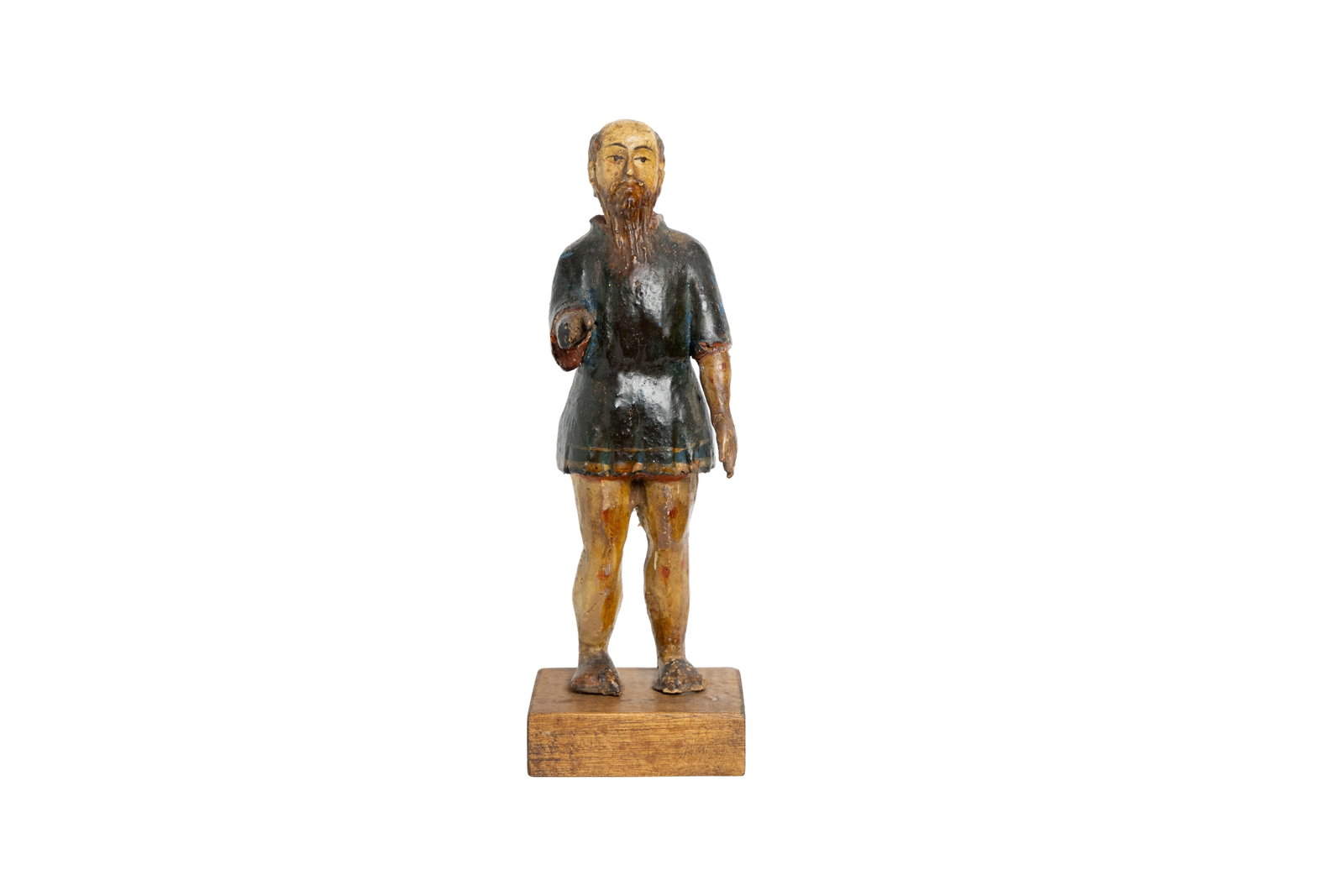 Folk Art Painted Woman Figure on Base: Charming folk art carved and painted female figure mounted on a block base. Nicely aged surface with great character. Measuring: 8" tall x 3" wide x 3" deep. Size is measured and written on the back o