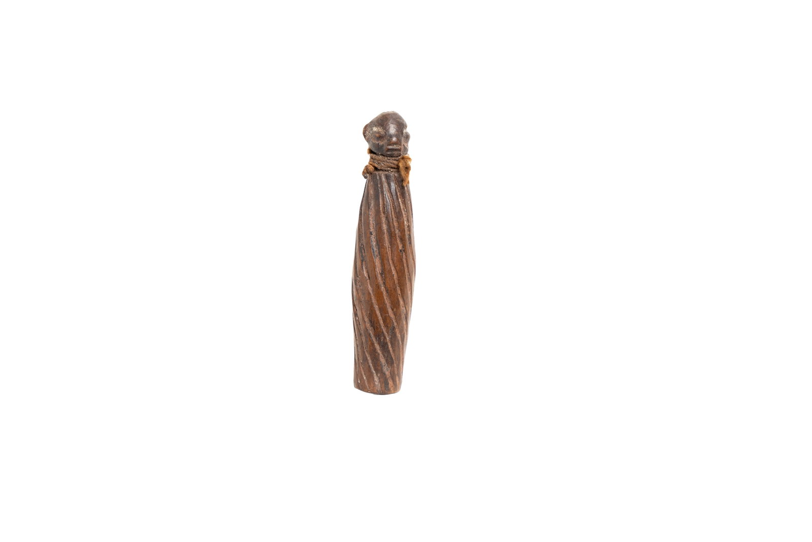 Small Spiral-Carved Figural Totem: Slender hand-carved figure with twisted spiral body and simple facial features. Dark, smooth patina and cord around the neck. Measuring: 3.75" tall x 1" wide x 1" deep. Size is measured and written on