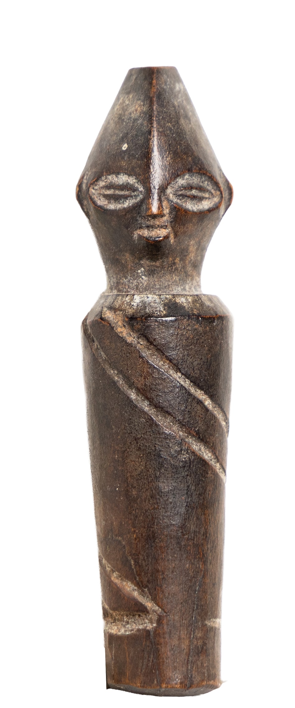 Abstract Carved Figure with Conical Head Folk Art: Modernist-style carved figure with tall conical head, incised eyes and mouth, and wrapped diagonal banding. Rich dark surface. Measuring: 4" tall x 1.25" wide x 1.25" deep. Size is measured and writte