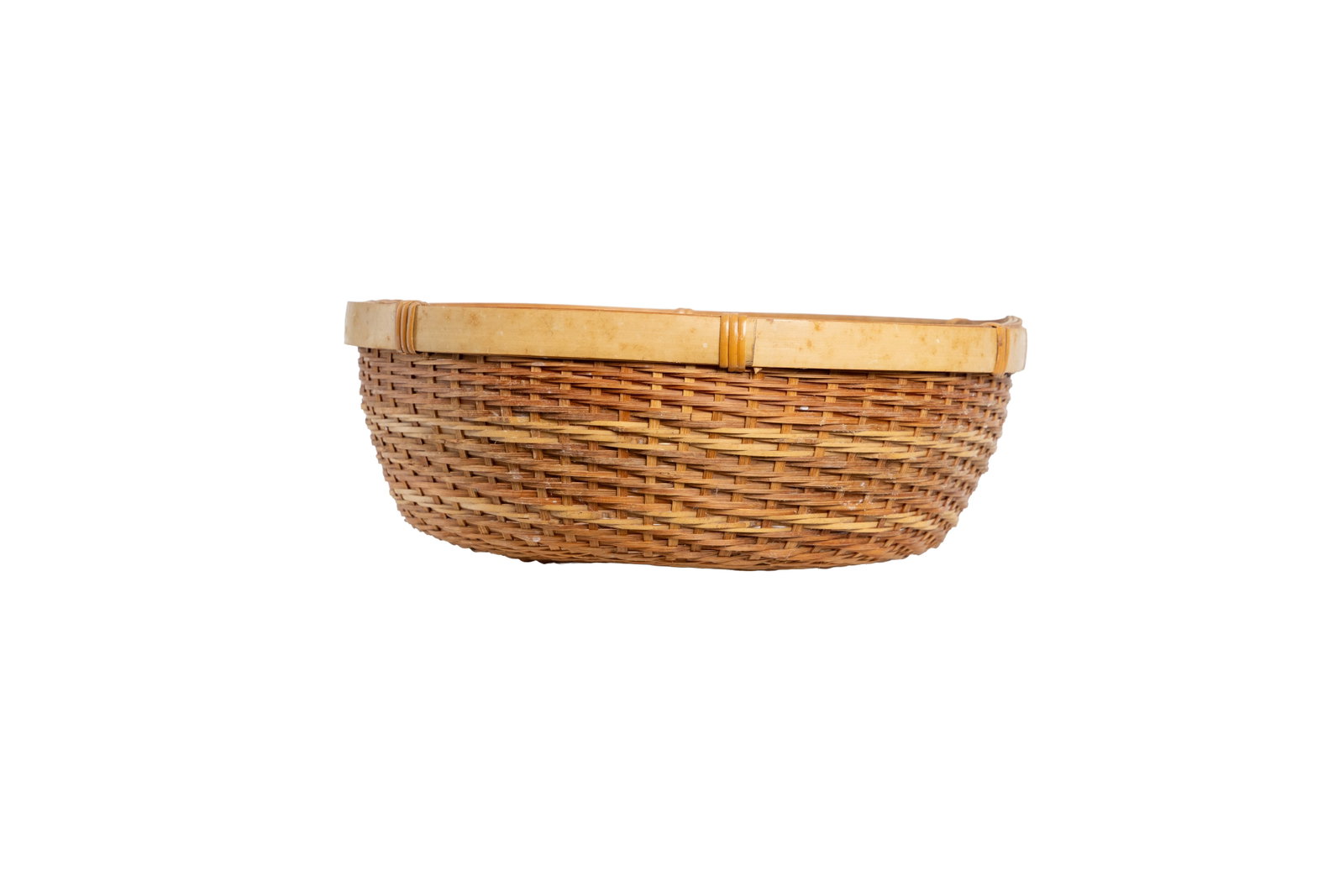 Round Woven Basket with Hardwood Rim: Round woven round basket with tight alternating weave and a fitted hardwood rim. Warm natural surface. Measuring: 3.75" tall x 10.5" diameter. Size is measured and written on the back of the painting 