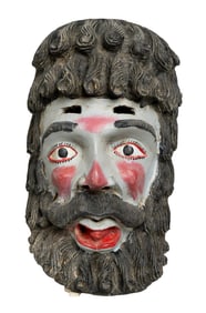 Vintage Carved & Painted Folk Art Carnival/Character Mask – Mustached Face, 15” Tall