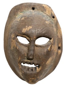 Primitive Carved Wooden Mask with Worn Patina