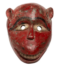 Red Painted Folk Mask with Carved Teeth