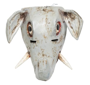 Painted Wooden Elephant Mask with Tusks