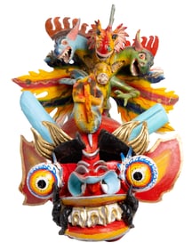 Large Painted Diablo Mask with Multi?Figure Crest