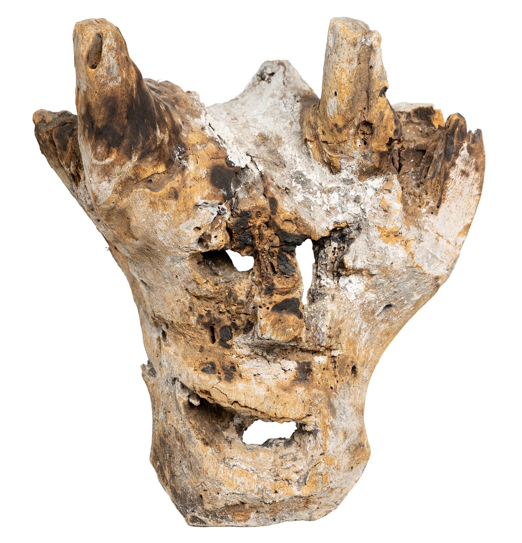 Primitive Driftwood Mask: Mask carved from natural driftwood with organic voids, rough texture, and expressive abstract facial features. Measuring: 14" x 12" wide x 9" deep. Size is measured and written on the back of the pain