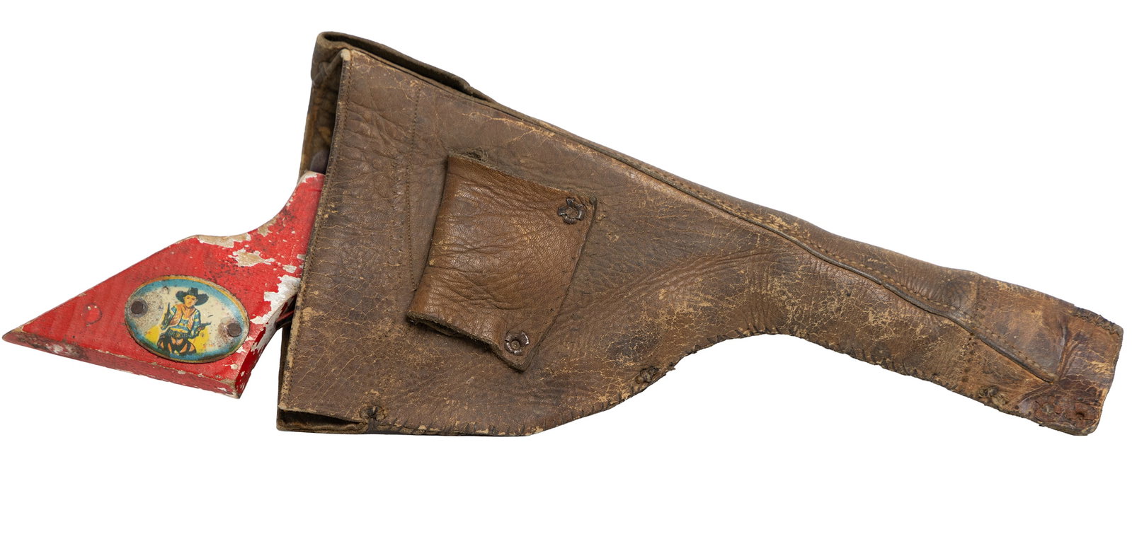 Western Red Wooden Toy Gun with Cowboy Graphic & Leather Holster: Vintage red wooden toy gun featuring a colorful cowboy badge, paired with a well-worn early leather holster. The gun retains its original painted finish with play wear that adds charm and authenticity