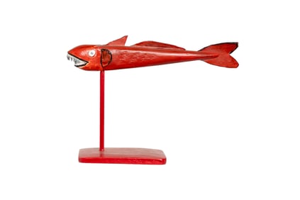 Red Folk Art Fish Decoy on Stand – Carved Wooden Display Sculpture