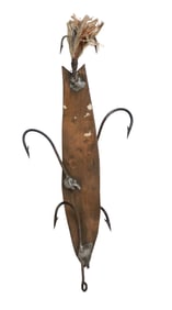 Antique Multi-Hook Fishing Lure – Primitive Wooden and Iron Tackle