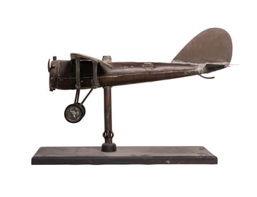 Handmade Metal Folk Art Airplane Sculpture on Stand