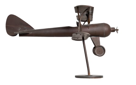 Hand-Forged Folk Art Biplane Sculpture on Stand