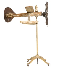 Folk Art Airplane Whirligig on Original Iron Stand – Hand-Carved Wood, Weathered Paint, Early 20th