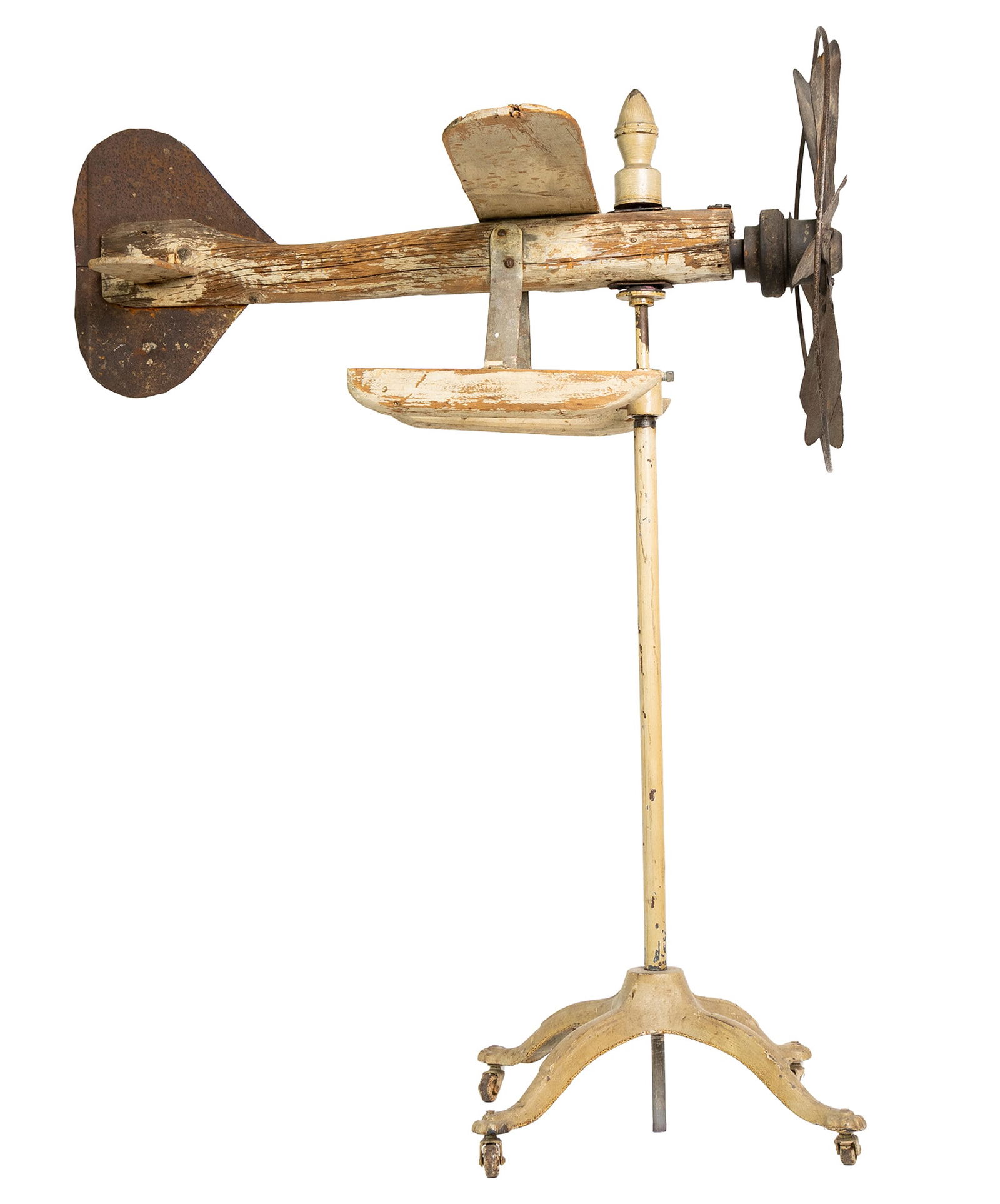 Folk Art Airplane Whirligig on Original Iron Stand – Hand-Carved Wood, Weathered Paint, Early 20th (1 of 6)