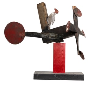 Folk Art Kinetic Whirligig Sculpture – Rooster & Airplane Form, Hand-Made Wood & Tin, Original