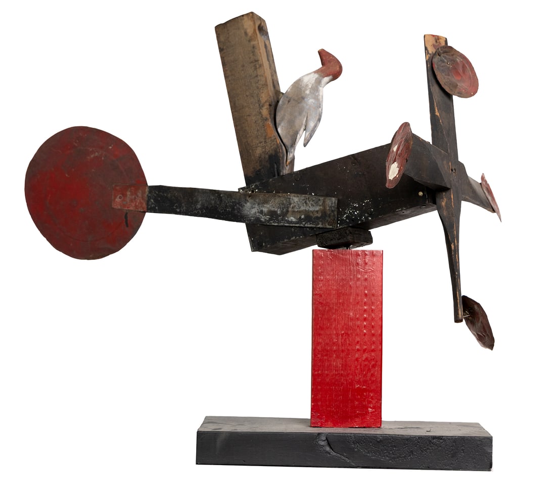 Folk Art Kinetic Whirligig Sculpture – Rooster & Airplane Form, Hand-Made Wood & Tin, Original (1 of 9)