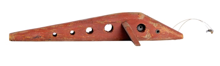 Vintage Painted Red Wooden Spearing Decoy with Cutout Holes