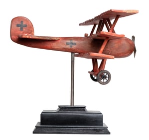 Antique Folk Art Wooden Triplane Model on Stand – Hand-Carved Early Aviation Toy, Red Baron's